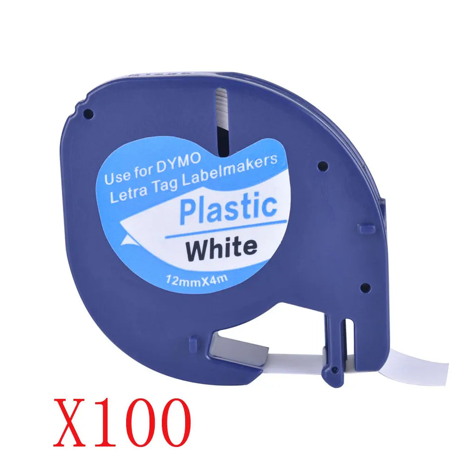 100 Compatible Black on White (12mm x 4m) Plastic Label Tapes for Dymo LetraTag QX 50, XR, XM, 2000, Plus Label Makers
