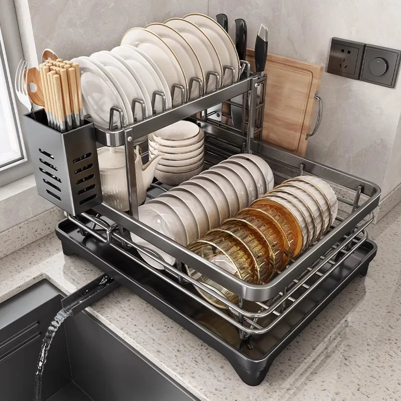 Stainless Steel Dish Drying Rack Adjustable Kitchen Plates Organizer with Drainboard Over Sink Plate Drainer Storage Organizer