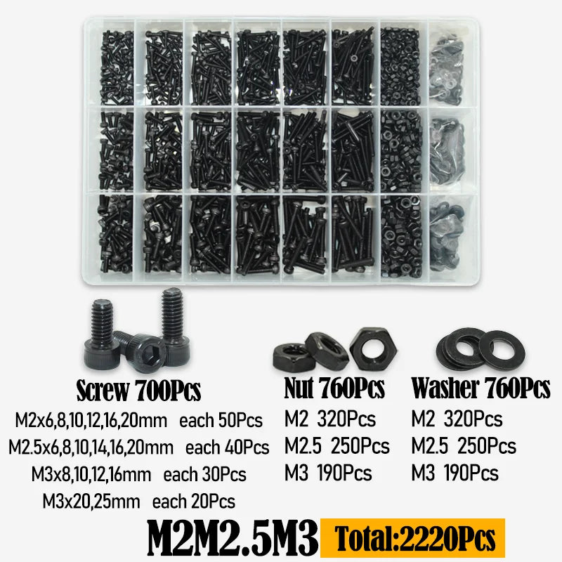 Black 2500P Hex Socket Head Screws Set M2 M2.5 M3 M4 M5 M6 DIN912 12.9 Allen Screw Nut Steel Button Head Socket Cap Bolt Nuts