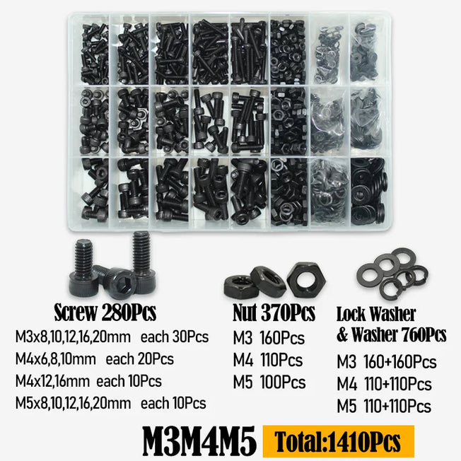 Black 2500P Hex Socket Head Screws Set M2 M2.5 M3 M4 M5 M6 DIN912 12.9 Allen Screw Nut Steel Button Head Socket Cap Bolt Nuts