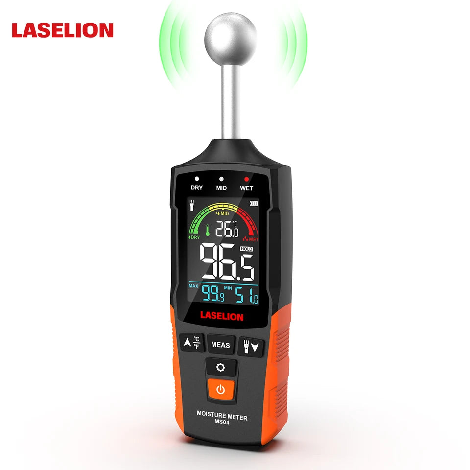 Laselion Inductive Timber Damp Detector Full Angle Pinless Wall Material Wood Moisture Meter for Drywall Humidity Hygrometer
