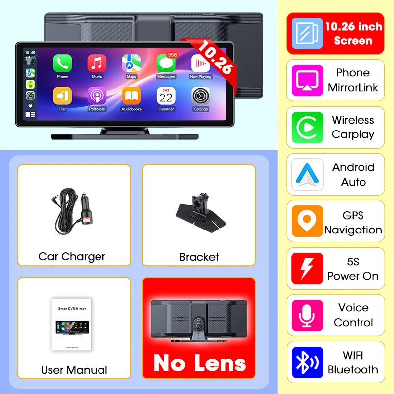 Develuck NEW 11.26 inch 4K DVR Wireless CarPlay and Android Auto Portable Dash Cam Car Screen Video Recorder 5G WIFI Navigation