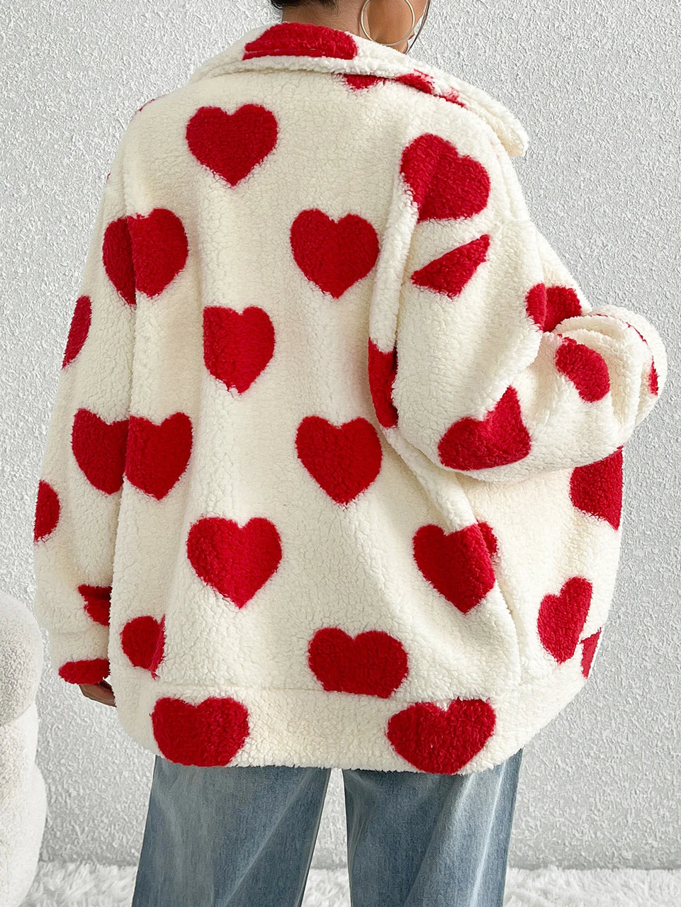 Autumn Winter Women Fleece Warm Plush Zipper Love Heart Printed Jacket Casual Women Fleece Coat Clothes Women Cardigan Wears