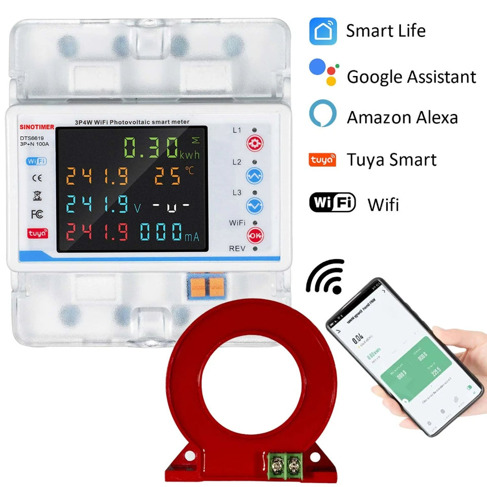 WiFi Smart Circuit Breaker 3 Phase Bidirectional PV Energy Power kWh Meter Over Under Voltage Protector Switch Current Leakage