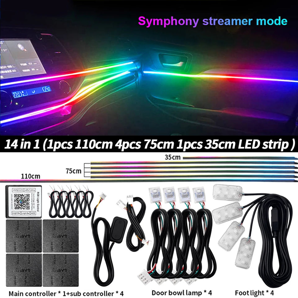 6/10/14/18 in 1 Led Car Ambient Lights RGB 213 64 Color Acrylic Strips Symphony Streamer Interior Atmosphere Lamp Control By App