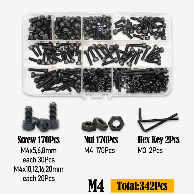 Black 2500P Hex Socket Head Screws Set M2 M2.5 M3 M4 M5 M6 DIN912 12.9 Allen Screw Nut Steel Button Head Socket Cap Bolt Nuts
