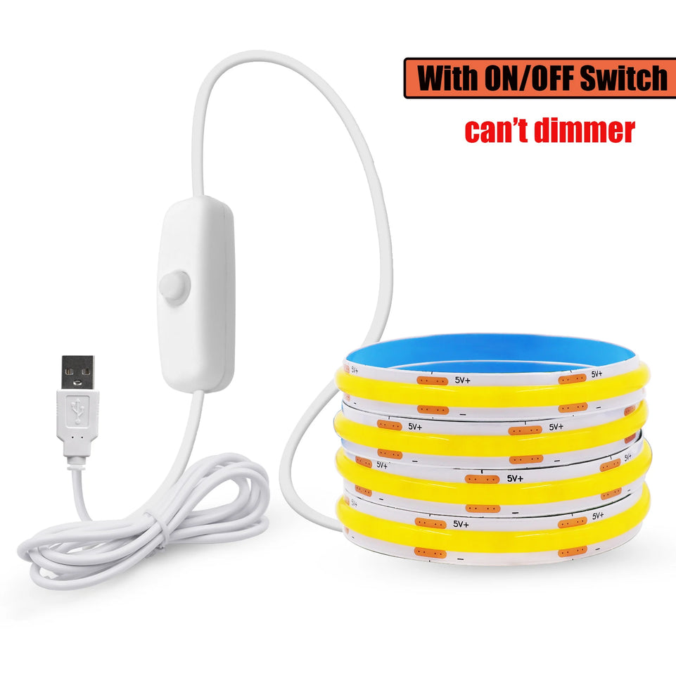 5V USB ON/OFF/Touch Dimmerable COB Strip 320Leds White 3000K 4000K 6000K Home Decor Cabinet Lamp Flexible Ribbon Rope LED Light
