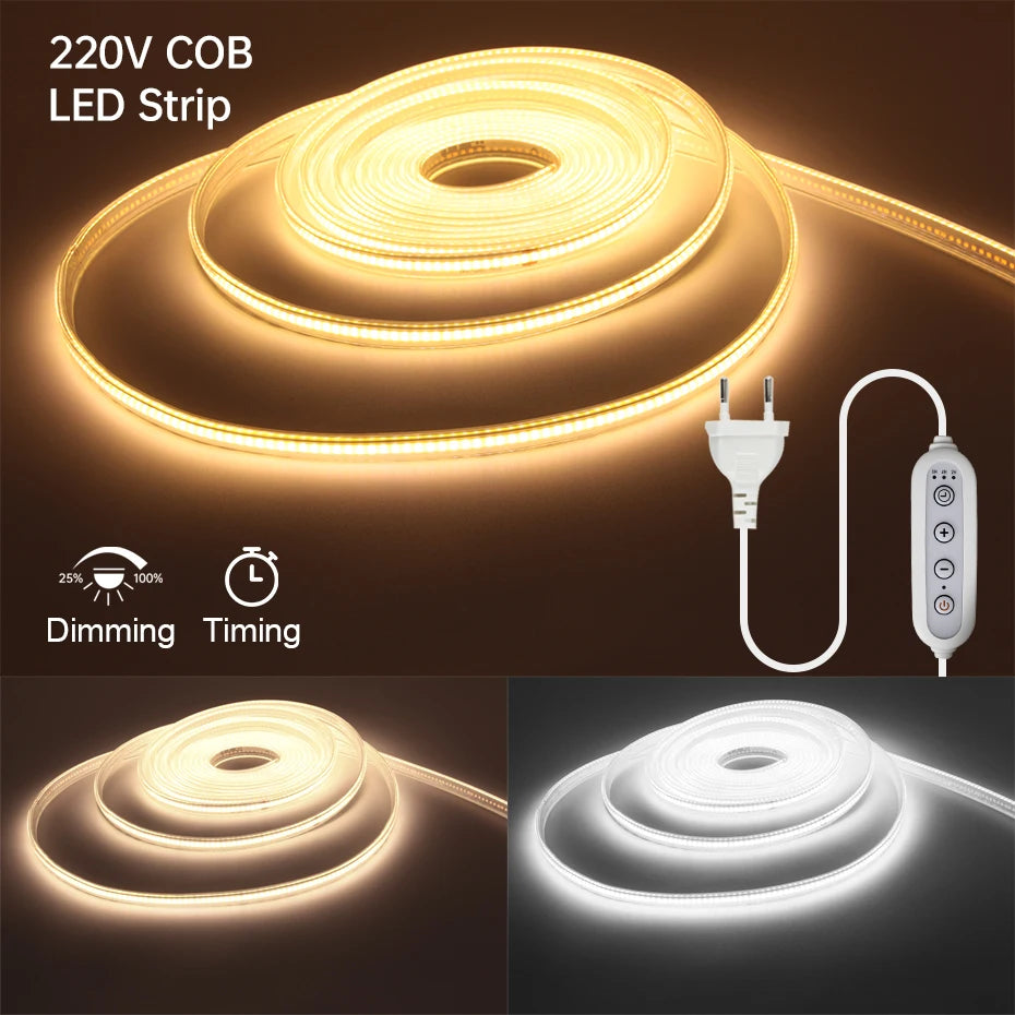 AC 220V EU AU UK Plug COB LED Strip Light Timing Dimmable Led Lights Tape IP65 Waterproof Flexible Ribbon For Outdoor Lighting
