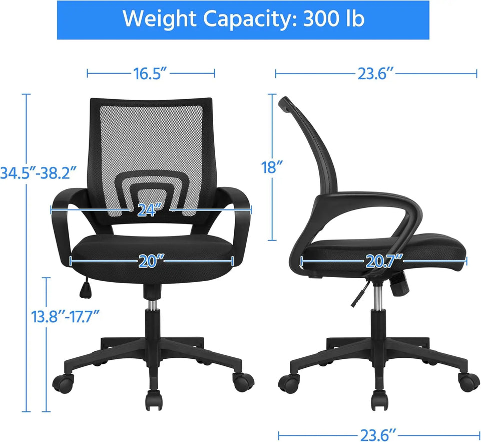 Adjustable Ergonomic Mesh Office Chair with Lumbar Support and Armrests for Home Office Work Study, Black