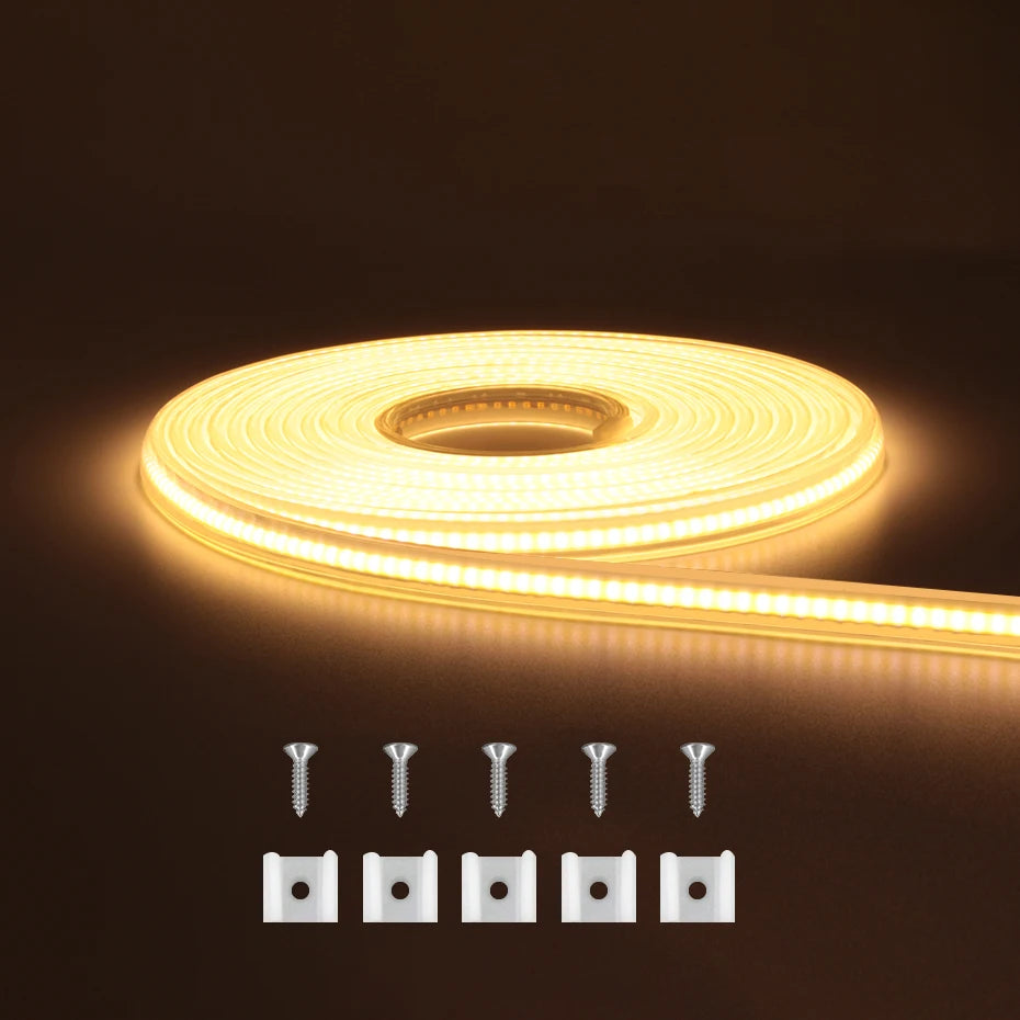 AC 220V EU AU UK Plug COB LED Strip Light Timing Dimmable Led Lights Tape IP65 Waterproof Flexible Ribbon For Outdoor Lighting