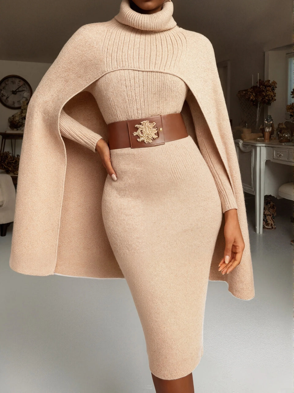 New Winter Elegant Knitted Turtleneck Cape Long Dress Suit A-line Women Party Dress Skirt Slim Evening Vacation Warm Dress
