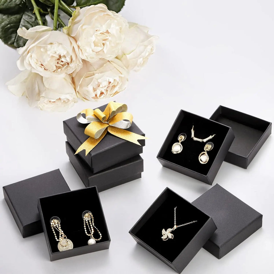 32Pcs-7x7x2.5cm Black Kraft Jewelry Gift Box Cardboard Ring Necklace Earring Packaging Organizer Boxes Case With Sponge Inside