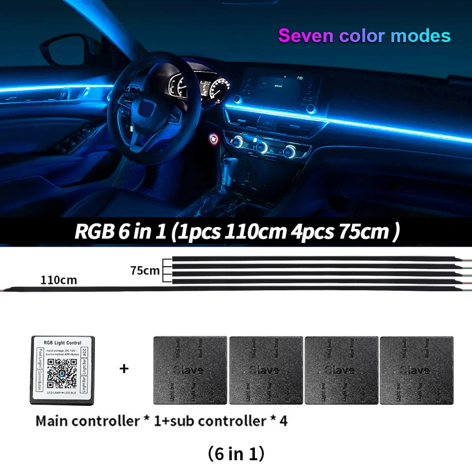 6/10/14/18 in 1 Led Car Ambient Lights RGB 213 64 Color Acrylic Strips Symphony Streamer Interior Atmosphere Lamp Control By App