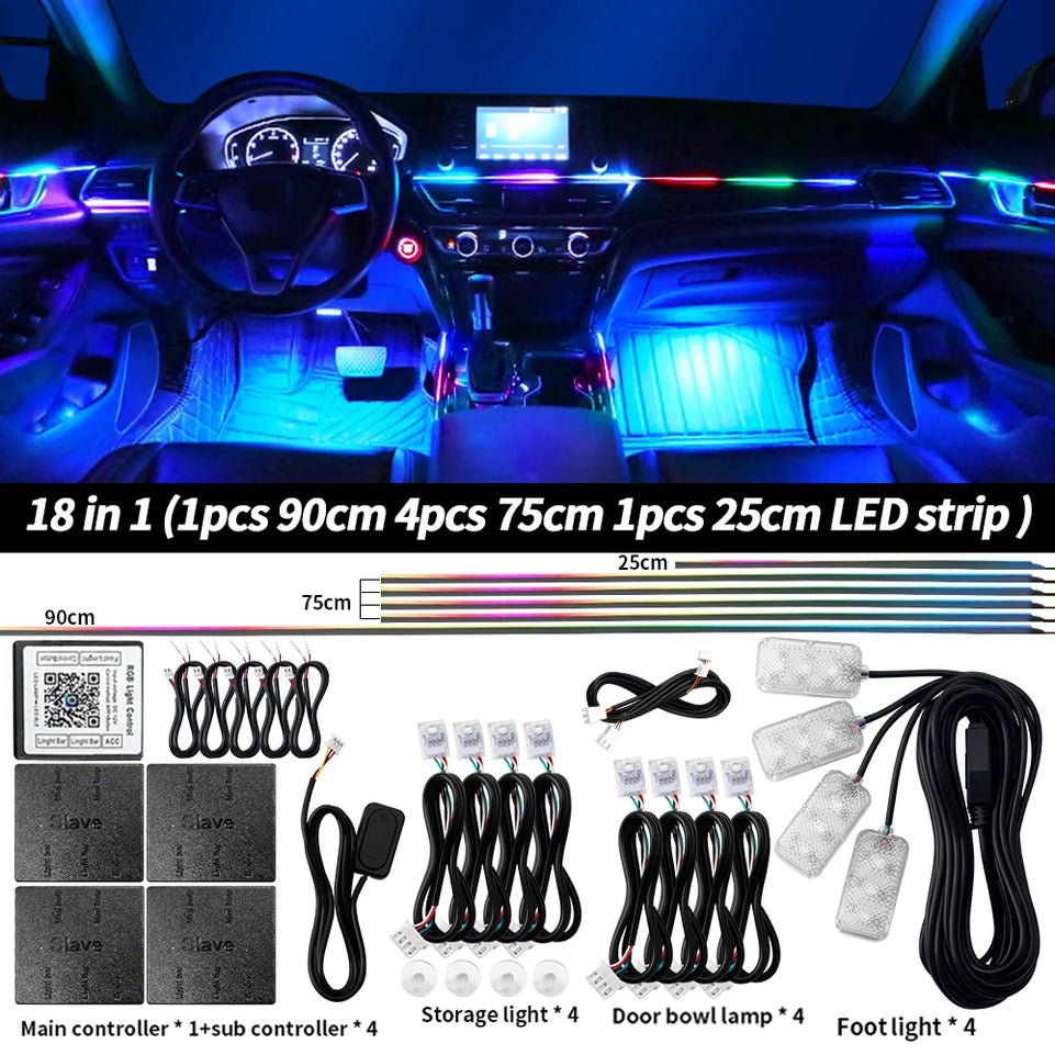 6/10/14/18 in 1 Led Car Ambient Lights RGB 213 64 Color Acrylic Strips Symphony Streamer Interior Atmosphere Lamp Control By App