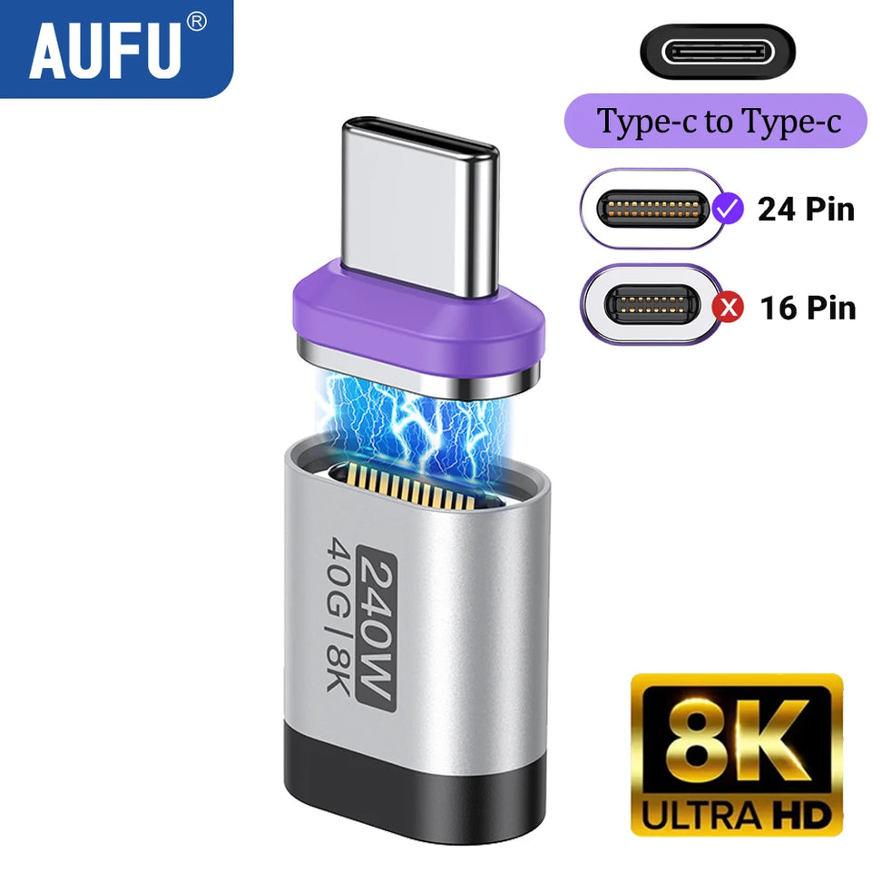 AUFU 240W Magnetic Adapter 24Pin USB4.0 Thunderbolt3 USB C To Type C Fast Charge Magnet USB C Converter Cable 8K USB OTG Adapter