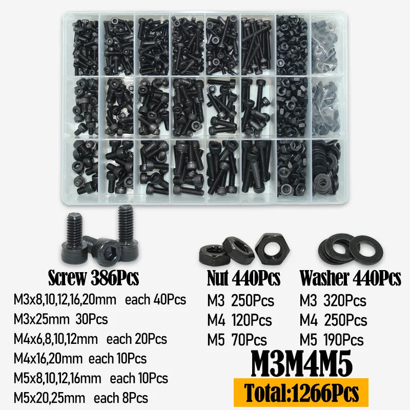 Black 2500P Hex Socket Head Screws Set M2 M2.5 M3 M4 M5 M6 DIN912 12.9 Allen Screw Nut Steel Button Head Socket Cap Bolt Nuts