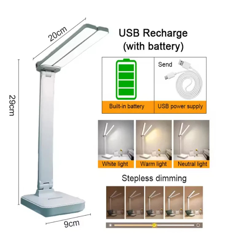 LED Desk Lamp 3 Levels Dimmable Touch Night Light USB Rechargeable Eye Protection Foldable Table Lamp For Bedroom Bedside Desk