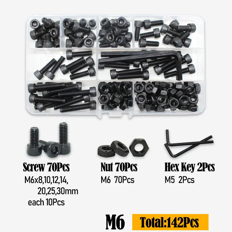 Black 2500P Hex Socket Head Screws Set M2 M2.5 M3 M4 M5 M6 DIN912 12.9 Allen Screw Nut Steel Button Head Socket Cap Bolt Nuts