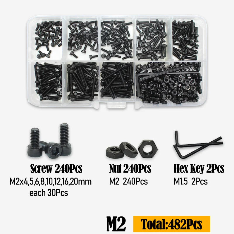 Black 2500P Hex Socket Head Screws Set M2 M2.5 M3 M4 M5 M6 DIN912 12.9 Allen Screw Nut Steel Button Head Socket Cap Bolt Nuts