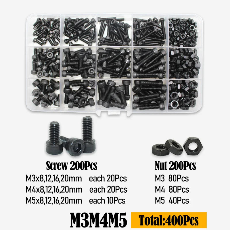 Black 2500P Hex Socket Head Screws Set M2 M2.5 M3 M4 M5 M6 DIN912 12.9 Allen Screw Nut Steel Button Head Socket Cap Bolt Nuts