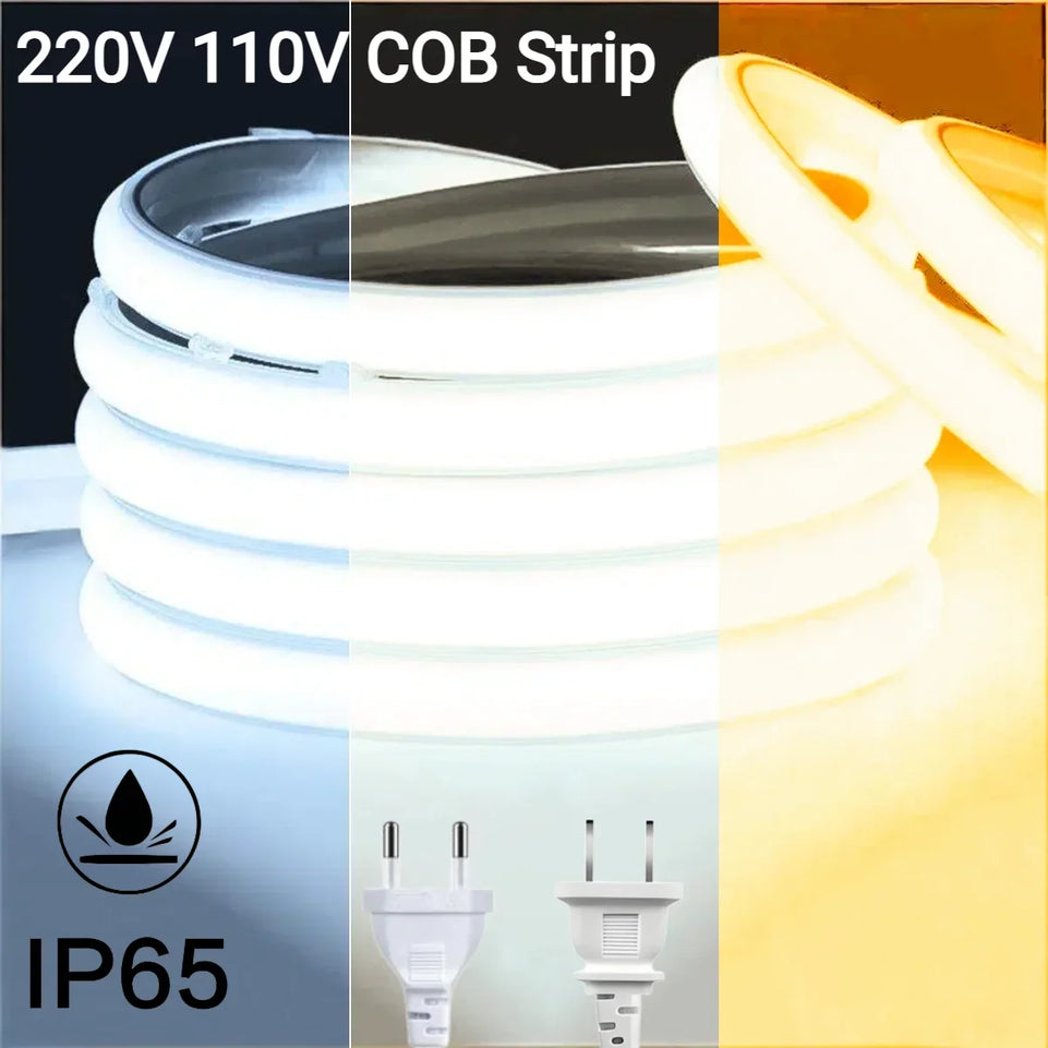 Waterproof Outdoor COB LED Strip Light 220V 110V EU US 288LEDs/M High Bright For Home Garden Billboard Swimming Pool Villa Decor