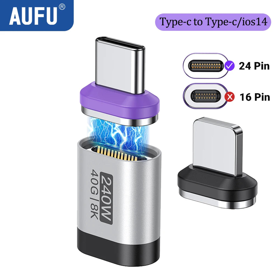 AUFU 240W Magnetic Adapter 24Pin USB4.0 Thunderbolt3 USB C To Type C Fast Charge Magnet USB C Converter Cable 8K USB OTG Adapter
