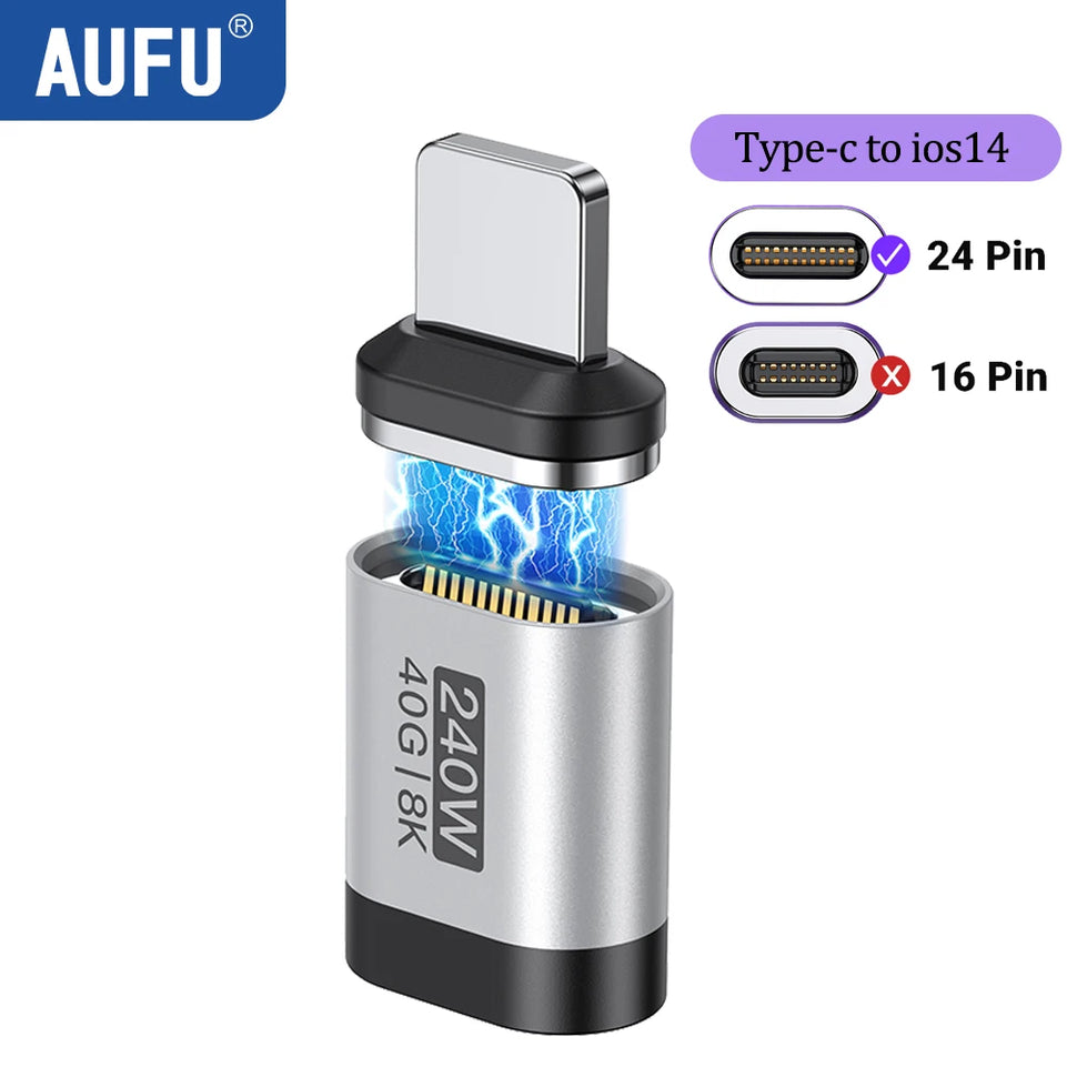 AUFU 240W Magnetic Adapter 24Pin USB4.0 Thunderbolt3 USB C To Type C Fast Charge Magnet USB C Converter Cable 8K USB OTG Adapter