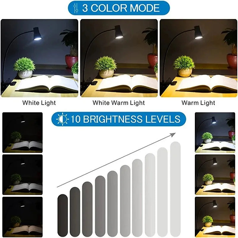 3Colors Horn Type LED Desk Lamp With Clamp Base Adjustable Gooseneck USB Clip Lamp Cupboard Desk Bedside Small Book Lamp