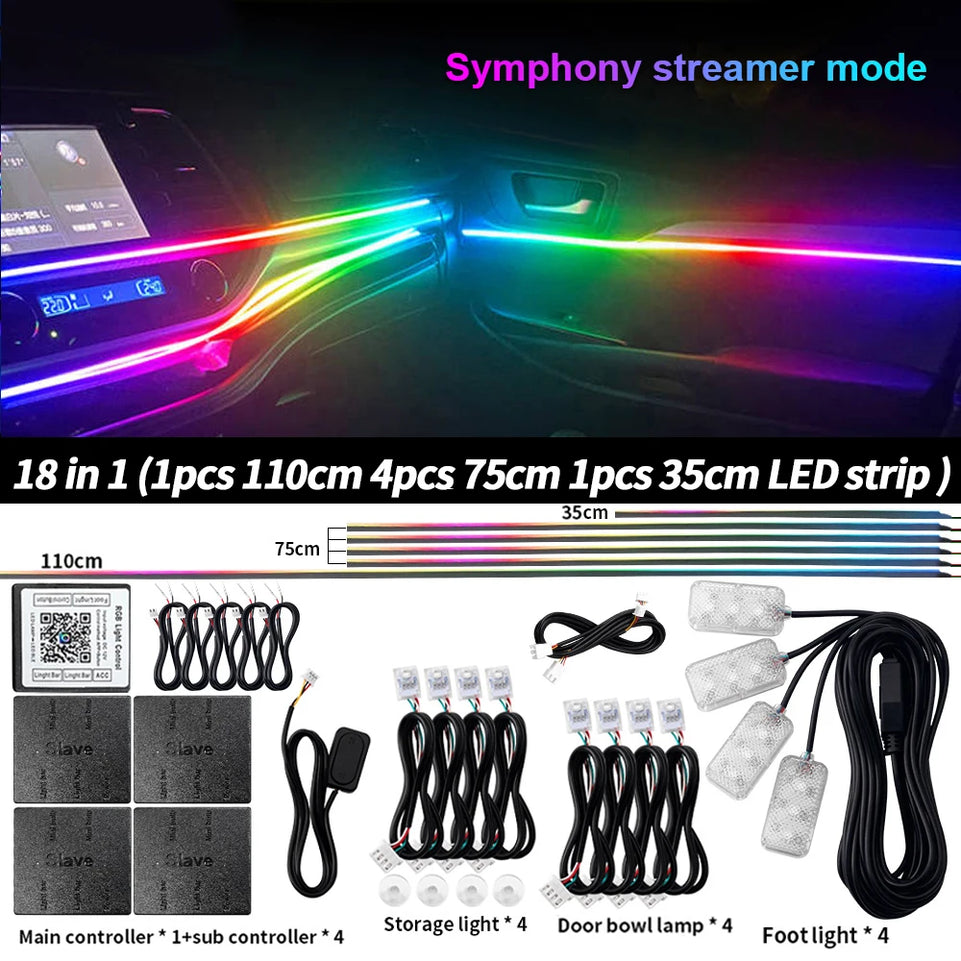 6/10/14/18 in 1 Led Car Ambient Lights RGB 213 64 Color Acrylic Strips Symphony Streamer Interior Atmosphere Lamp Control By App