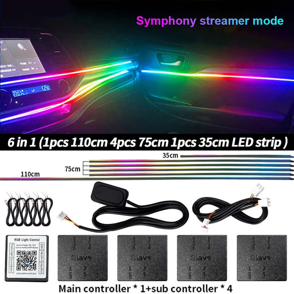 6/10/14/18 in 1 Led Car Ambient Lights RGB 213 64 Color Acrylic Strips Symphony Streamer Interior Atmosphere Lamp Control By App