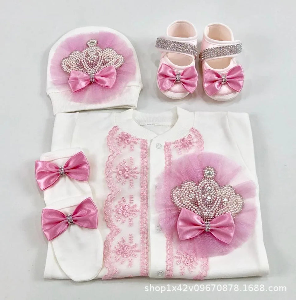 Ins Handmade Baby Cute Lace Collar Climbing Suit 3-piece Set New Baby Baptism Clothes Newborn Baby Romper High Quality Clothes
