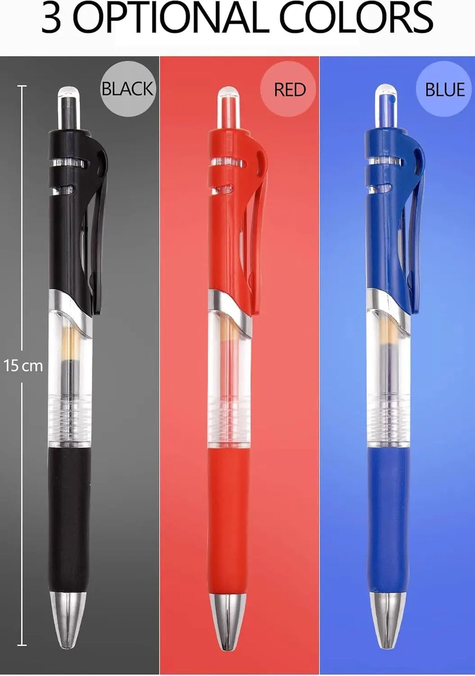 12pcs Classic Black/Blue/Red Gel Pens,0.5mm Metal Tip Retractable Ballpoint Gel Pen,Comfortable Grips,Smooth Writing for School