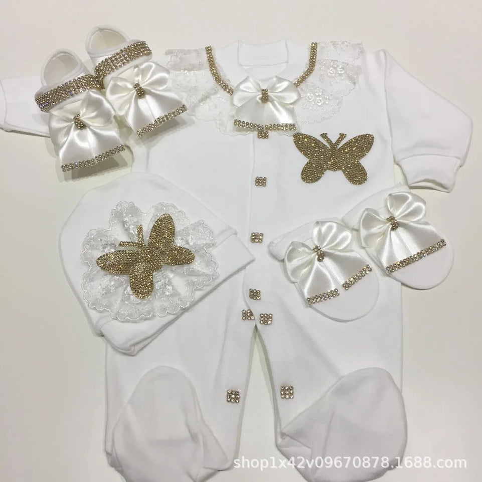 Ins Handmade Baby Cute Lace Collar Climbing Suit 3-piece Set New Baby Baptism Clothes Newborn Baby Romper High Quality Clothes