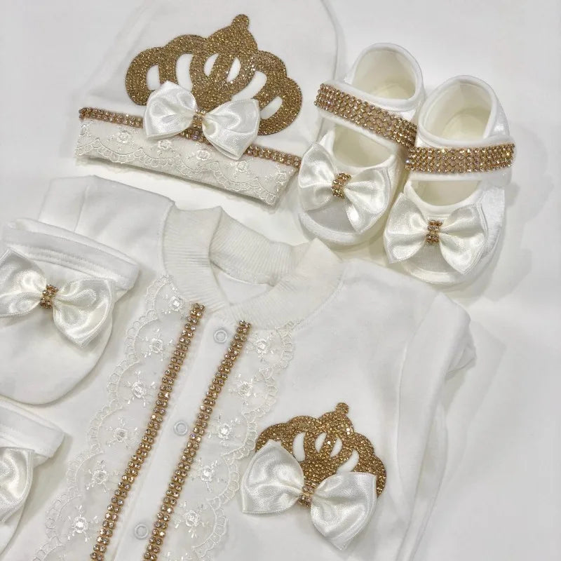 Ins Handmade Baby Cute Lace Collar Climbing Suit 3-piece Set New Baby Baptism Clothes Newborn Baby Romper High Quality Clothes