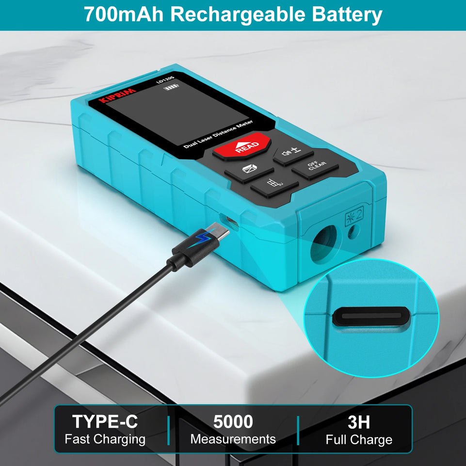 Kiprim Dual Laser Distance Meter Rechargeable Bilateral Laser Rangefinder 120m Digital Tape Measure Angle Measurment Tool