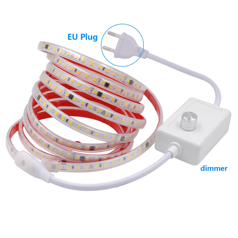 Dimmable LED Strip Light 220V Switch EU Power Dimmer Kit Waterproof 2835 120LEDs/M High Bright Flex Tape Home Decor 0.5M 10M 20M