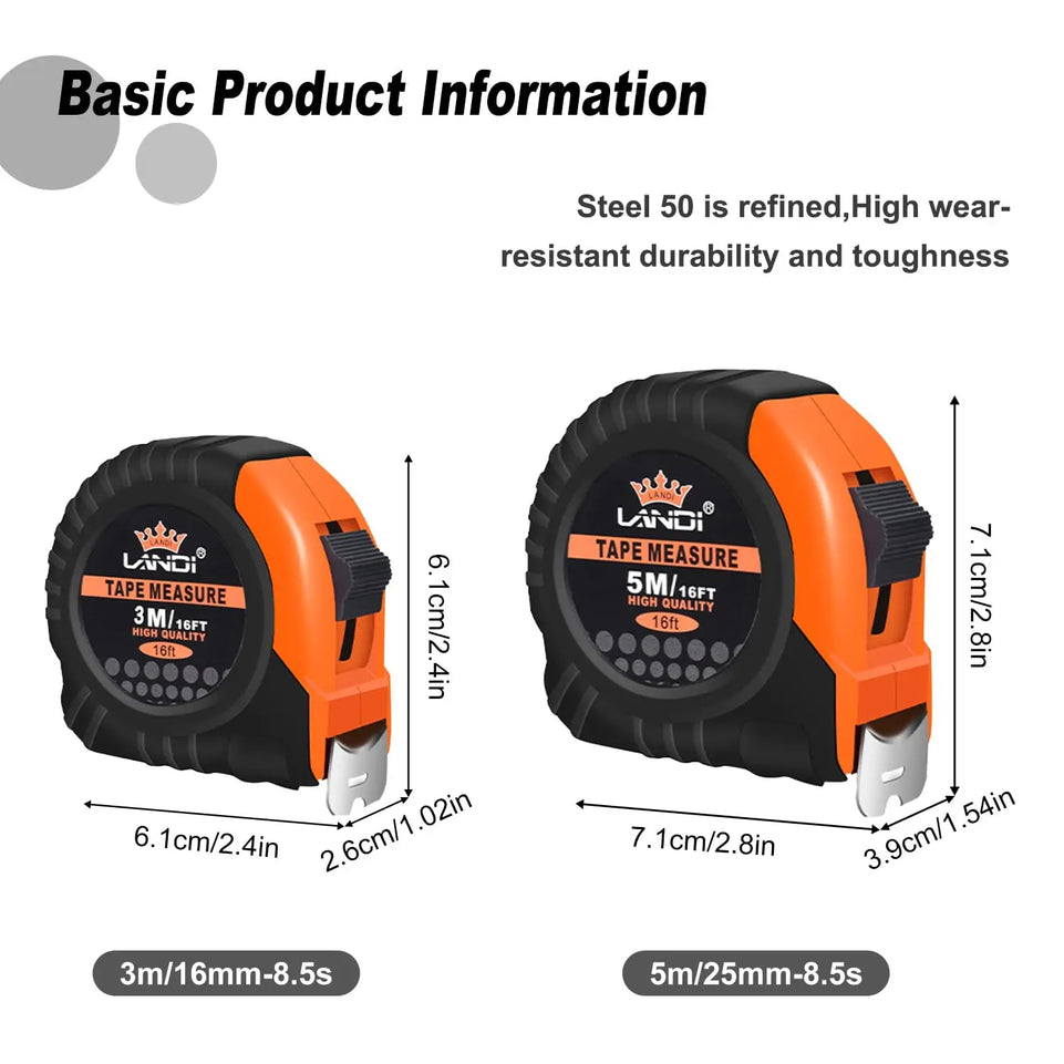 2Pcs Heavy Duty Tape Measure - 5m&3m Retractable Measuring Tapes with Rubber Cover, Metric/Imperial Scale for DIY, Construction