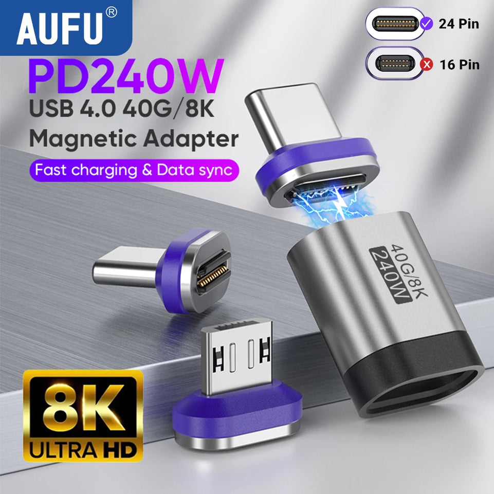 AUFU 240W Magnetic Adapter 24Pin USB4.0 Thunderbolt3 USB C To Type C Fast Charge Magnet USB C Converter Cable 8K USB OTG Adapter