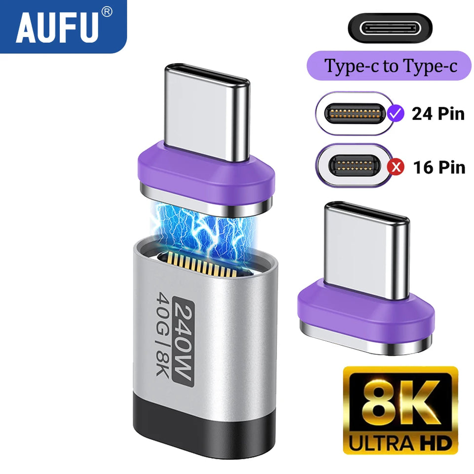 AUFU 240W Magnetic Adapter 24Pin USB4.0 Thunderbolt3 USB C To Type C Fast Charge Magnet USB C Converter Cable 8K USB OTG Adapter