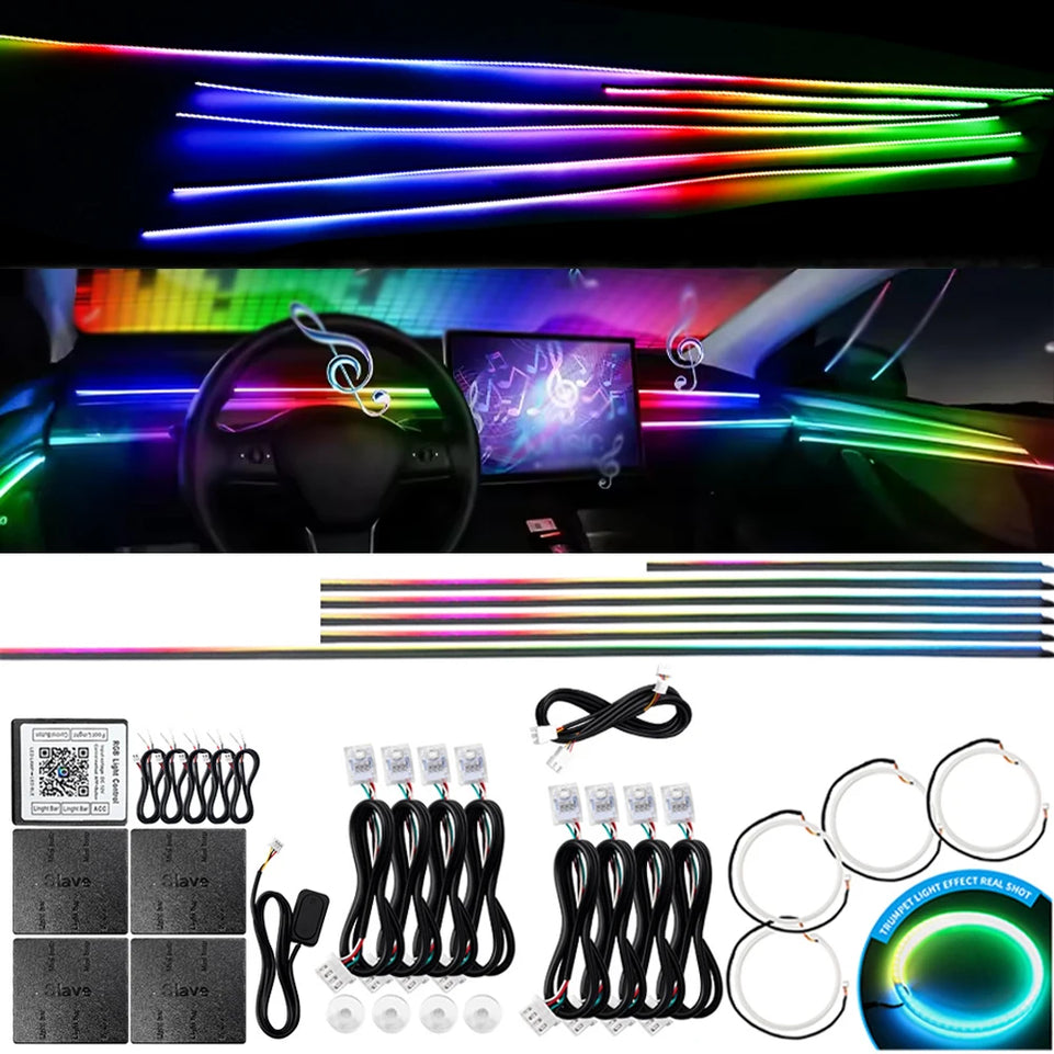 6/10/14/18 in 1 Led Car Ambient Lights RGB 213 64 Color Acrylic Strips Symphony Streamer Interior Atmosphere Lamp Control By App