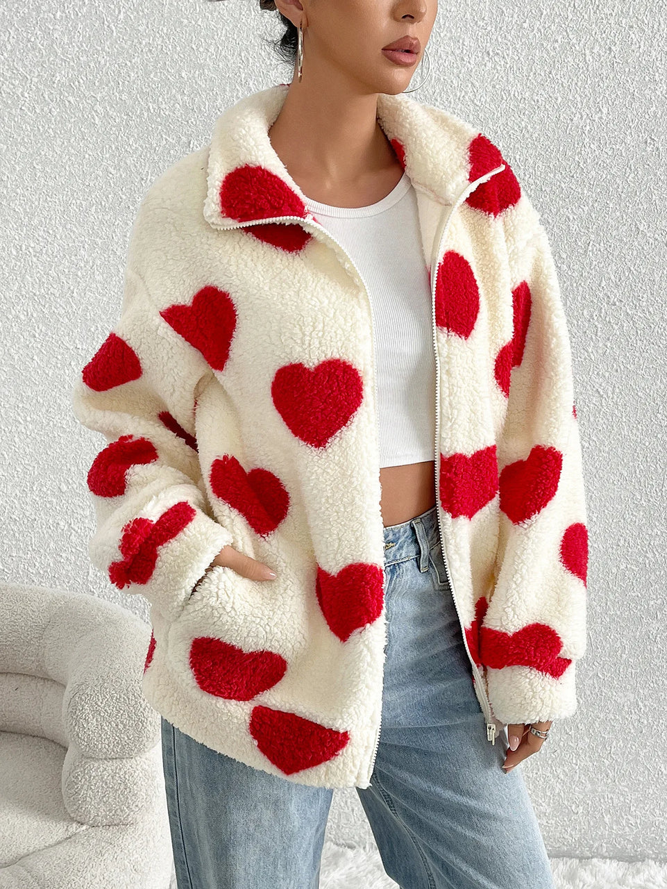 Autumn Winter Women Fleece Warm Plush Zipper Love Heart Printed Jacket Casual Women Fleece Coat Clothes Women Cardigan Wears