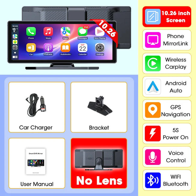 Develuck NEW 11.26 inch 4K DVR Wireless CarPlay and Android Auto Portable Dash Cam Car Screen Video Recorder 5G WIFI Navigation