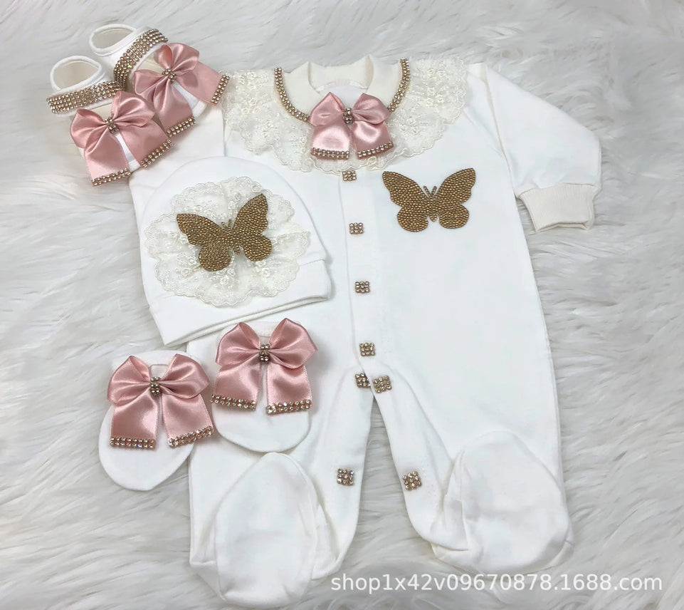 Ins Handmade Baby Cute Lace Collar Climbing Suit 3-piece Set New Baby Baptism Clothes Newborn Baby Romper High Quality Clothes