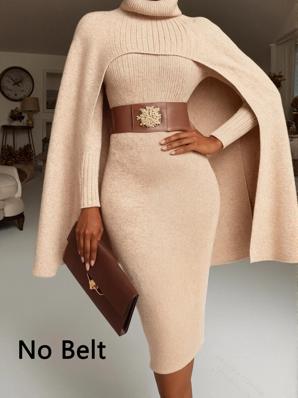 New Winter Elegant Knitted Turtleneck Cape Long Dress Suit A-line Women Party Dress Skirt Slim Evening Vacation Warm Dress