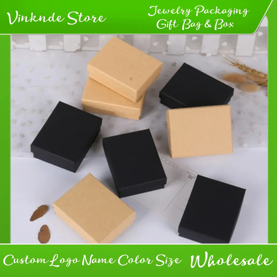 50pcs Black White Brown Kraft Paper Jewelry Gift Box Luxury Cardboard 7x9x3cm Bracelets Earrings Rings Necklaces Packaging Boxes