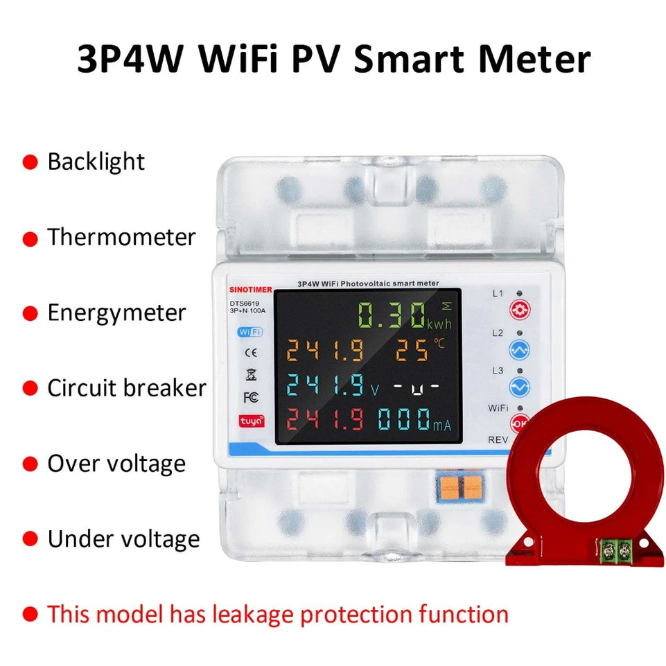 WiFi Smart Circuit Breaker 3 Phase Bidirectional PV Energy Power kWh Meter Over Under Voltage Protector Switch Current Leakage