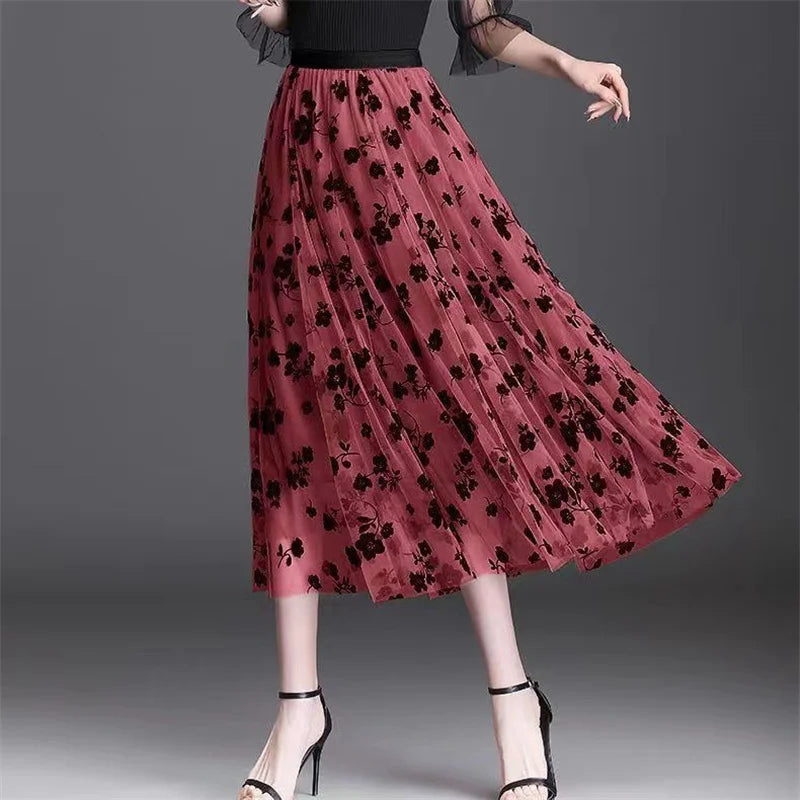 Women's Mesh Flower Skirt 2024 Spring Summer Lace Flocking Big Swing Elastic High Waist Fashion Elegant A-line Skirt Half skirt