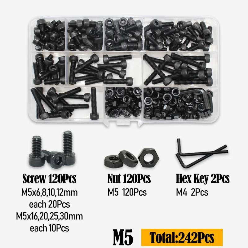 Black 2500P Hex Socket Head Screws Set M2 M2.5 M3 M4 M5 M6 DIN912 12.9 Allen Screw Nut Steel Button Head Socket Cap Bolt Nuts