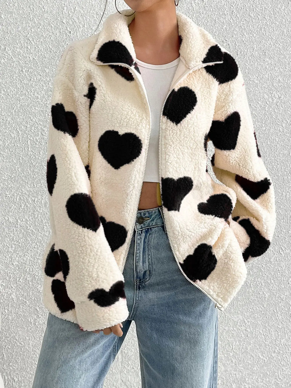 Autumn Winter Women Fleece Warm Plush Zipper Love Heart Printed Jacket Casual Women Fleece Coat Clothes Women Cardigan Wears