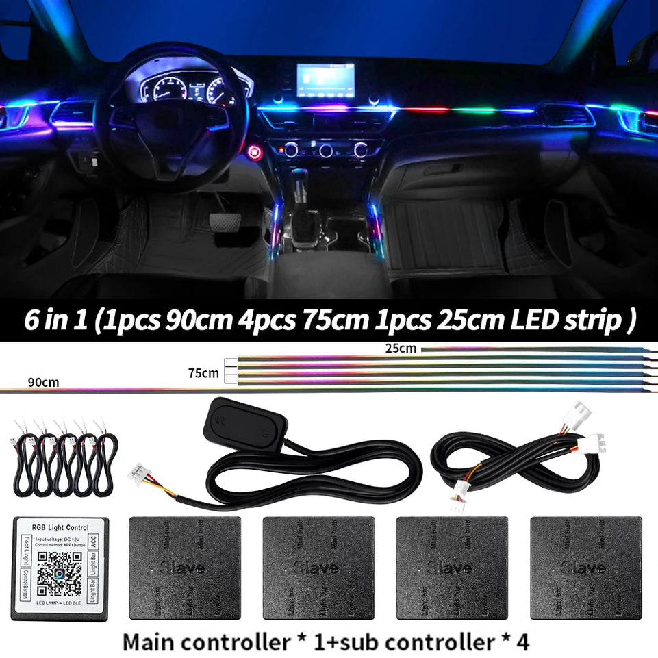 6/10/14/18 in 1 Led Car Ambient Lights RGB 213 64 Color Acrylic Strips Symphony Streamer Interior Atmosphere Lamp Control By App